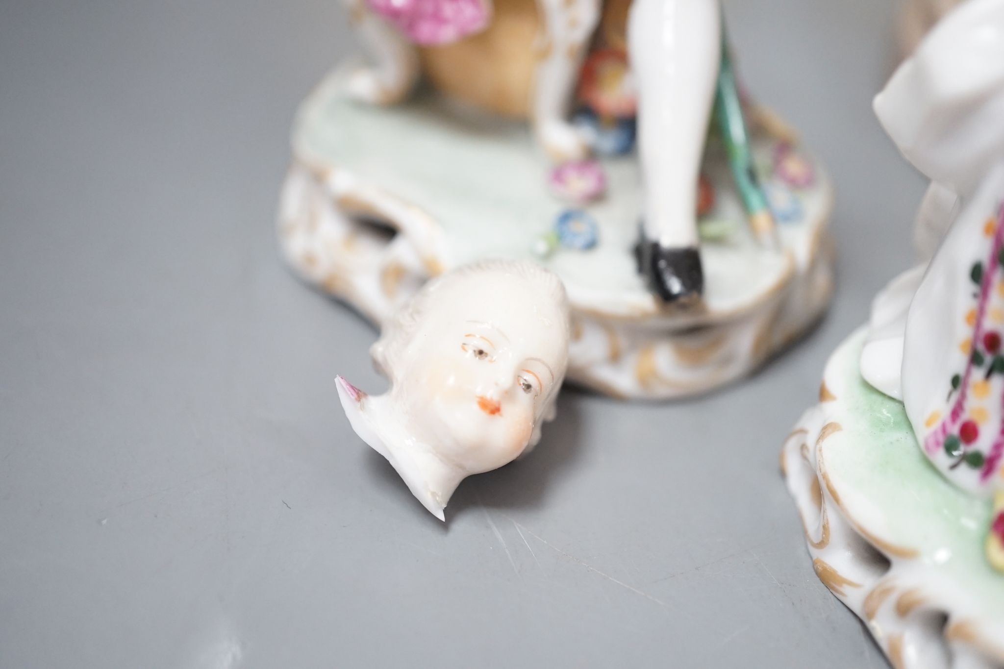 A pair of French bisque Marly horse groups and two pairs of French porcelain figures 27cm